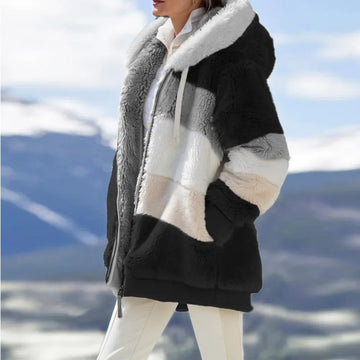 Dynamic- Winter Fashion Hooded Women's Coat – Zipper Closure, Thick Cashmere, Plaid Stitching Ladies Jacket