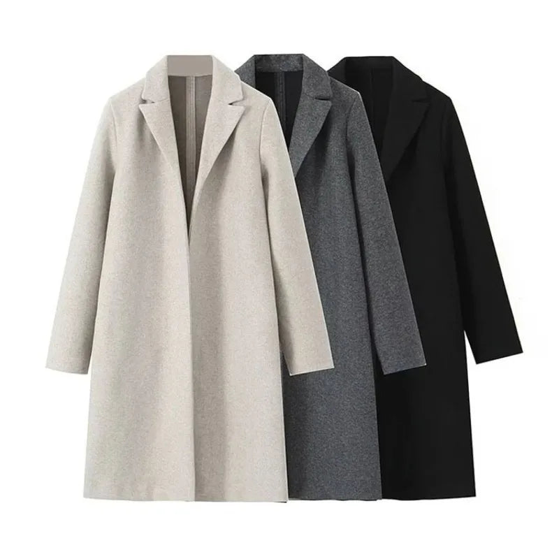 Dynamic- Elegant Women's Solid Open-Stitch Long Trench Coat – Vintage V-Neck, Full Sleeves, Chic Lady's Outfit