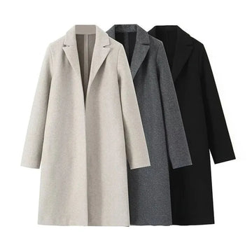 Dynamic- Elegant Women's Solid Open-Stitch Long Trench Coat – Vintage V-Neck, Full Sleeves, Chic Lady's Outfit
